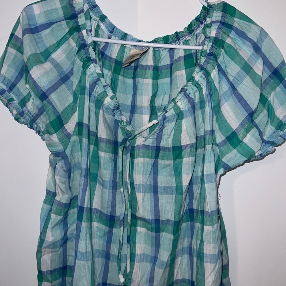 st. john’s bay blue and green cool plaid short sleeve blouse NWT - Picture 2 of 5